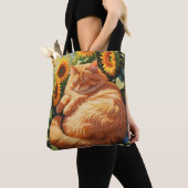 Tote Bag Chat orange gras doré avec tournesol (De près)