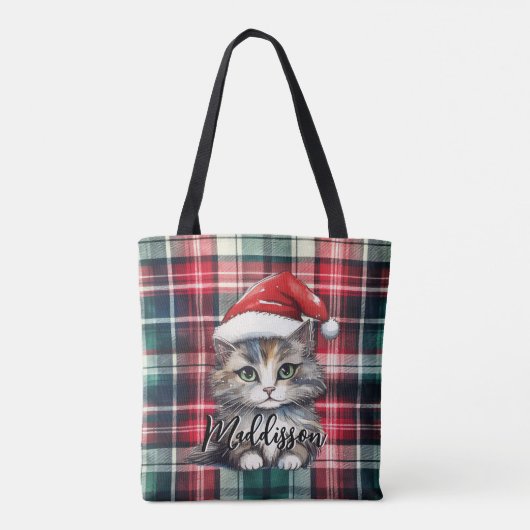 Tote Bag Chat Père Noël Plaid De Noël Avec Nom (Dos)