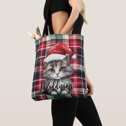 Tote Bag Chat Père Noël Plaid De Noël Avec Nom (De près)