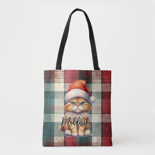 Tote Bag Chat Père Noël Plaid De Noël Avec Nom (Devant)