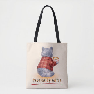 Tote Bag Chat "Propulsé par le Café" tenant une tasse de ca