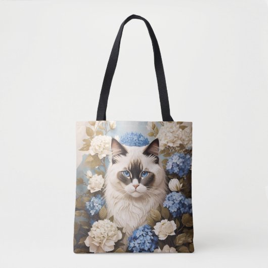 Tote Bag Chat Ragdoll Avec Fleurs Bleues D'Hydrangée (Devant)