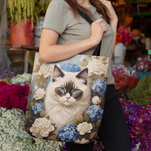 Tote Bag Chat Ragdoll Avec Fleurs Bleues D'Hydrangée