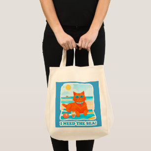 Tote Bag Chat roux sur la plage J'ai besoin de la mer Été