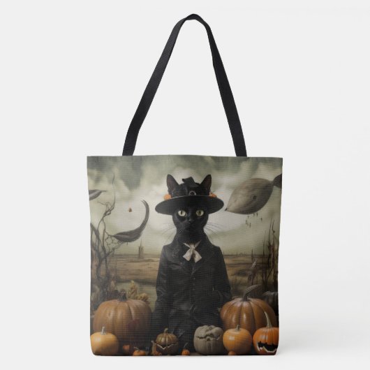 Tote Bag Chat Sorcière avec Citrouilles (Devant)