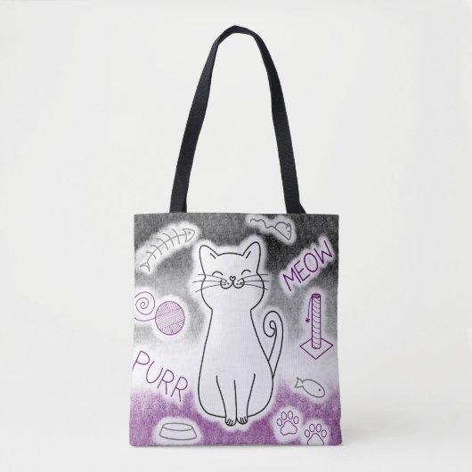 Tote Bag Chat souriant avec jouets gris noir violet blanc (Devant)
