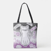 Tote Bag Chat souriant avec jouets gris noir violet blanc (Dos)