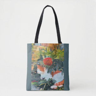 Tote Bag chat sous un buisson à fleurs A.I. amélioré