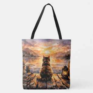 Tote Bag Chat sur le quai au coucher du soleil