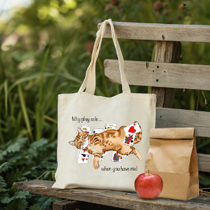 Tote Bag Chat tigré orange drôle jouant aux cartes de solit
