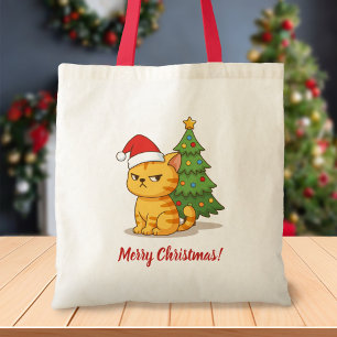 Tote Bag Chat tigré orange grincheux Chapeau Rouge Arbre de