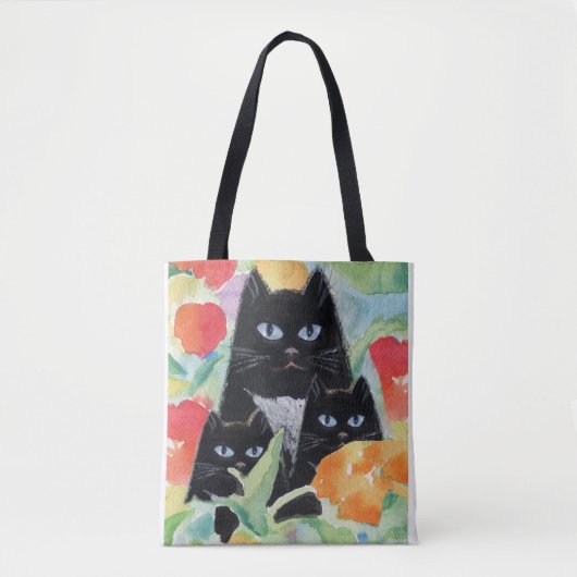 Tote Bag Chat Tuxedo et chatons noirs dans des Poppies d'aq (Devant)