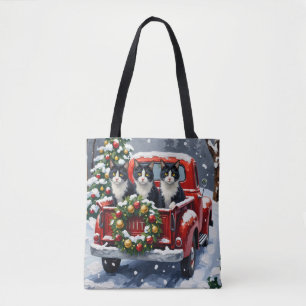 Tote Bag Chat Tuxedo Noël Camion Rouge Fêtes