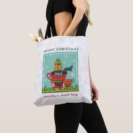 Tote Bag Chat Whimsical assis dans un thé Noël (De près)