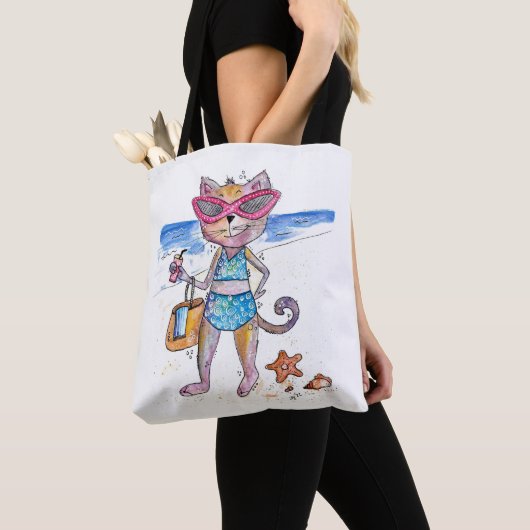 Tote Bag Chat Whimsical sur la plage (De près)