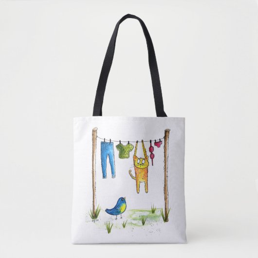 Tote Bag Chat Whimsical sur une ligne de linge (Devant)