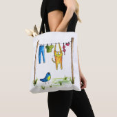 Tote Bag Chat Whimsical sur une ligne de linge (De près)