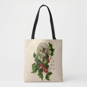 Tote Bag Chaton de Noël victorien au houx antique tabby
