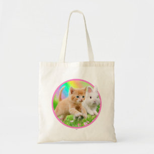 Tote Bag Chaton et lapin avec l'arc-en-ciel