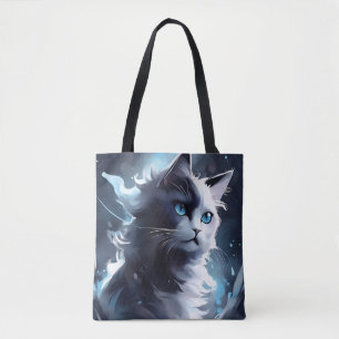 Tote Bag Chaton Mystique Noir et Blanc Chat à l'Aquarelle