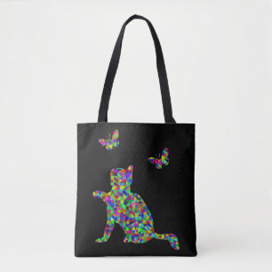 Tote Bag Chaton Prismatique Jouant avec des Papillons