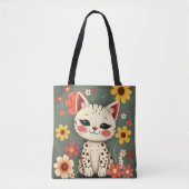 Tote Bag Chaton tacheté heureux avec des fleurs (Devant)