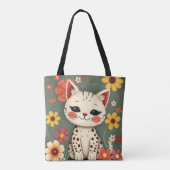 Tote Bag Chaton tacheté heureux avec des fleurs (Dos)