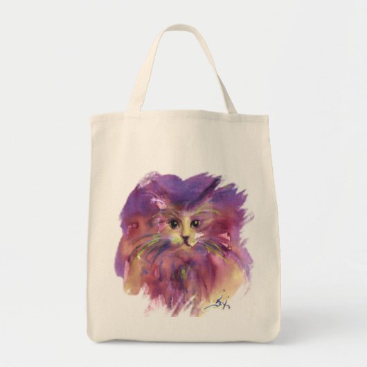TOTE BAG CHATON VIOLET ,PORTRAIT DE CHAT (Devant)