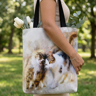 Tote Bag Chats à l'aquarelle se câlinant dans l'art abstrai