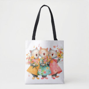 Tote Bag Chats chantants tenant des bouquets