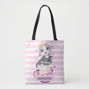 Tote Bag Chats de dessin animé mignons empilés rayures rose