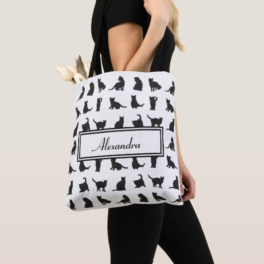 Tote Bag Chats en Silhouette noire Motif avec prénom (De près)