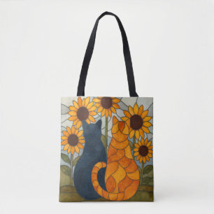Tote Bag Chats en vitrail et conception d'art de tournesols
