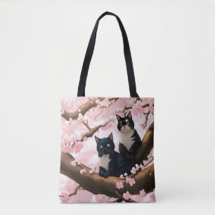 Tote Bag Chats Mignons Sur Un Arbre En Fleur De Cerise