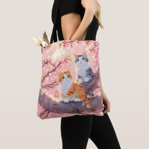 Tote Bag Chats Mignons Sur Un Arbre En Fleur De Cerise