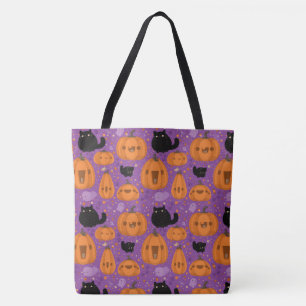 Tote Bag Chats noirs Citrouille d'Halloween et fantôme