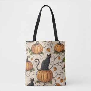 Tote Bag Chats noirs et Motif Citrouille d'Halloween