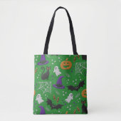 Tote Bag Chats noirs Fantômes chauves-souris Motif vert Hal (Devant)