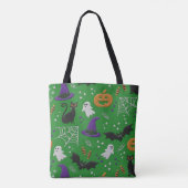 Tote Bag Chats noirs Fantômes chauves-souris Motif vert Hal (Dos)
