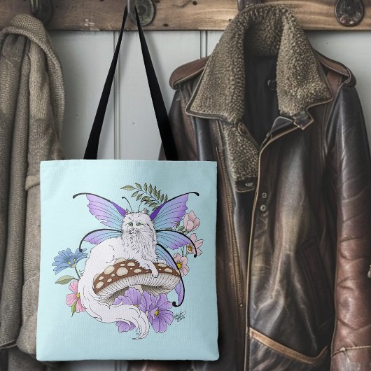 Tote Bag Chatte Fée Blanche Fantastique Champignon Bleu Cap