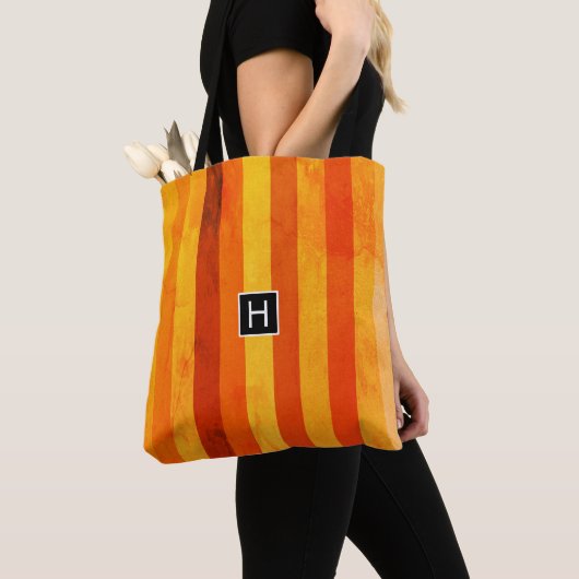 Tote Bag Chaud Patiné Orange Rouge rayures Monogramme (De près)