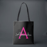 Tote Bag Chaud Rose Black Girl Script Monogramme Nom Modern<br><div class="desc">Black and Hot Pink Elegant Ajoutez Votre Propre Nom Monogram Book Bag. Ce sac de livre peut être customisé pour inclure votre nom initial et prénom et donné comme cadeau pour Noël,  Sweet 16 Anniversaire,  Fête des mariées ou Mariage.</div>