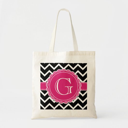 Tote Bag Chaud rose Fleur Monogramme noir Chevron (Devant)