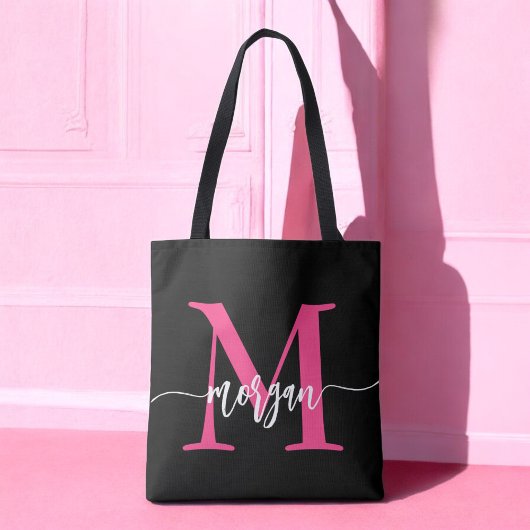 Tote Bag Chaud rose noir moderne Script Girl Monogramme Nom