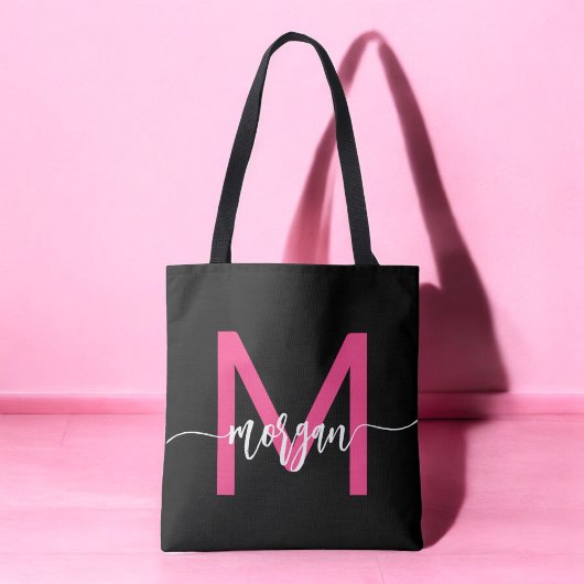 Tote Bag Chaud rose noir moderne Script Girl Monogramme Nom