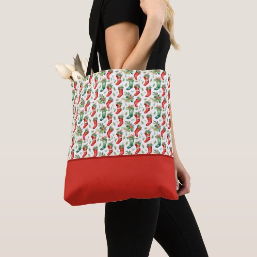 Tote Bag Chaussettes de Noël Vertes et Rouges Bloc de Coule (De près)