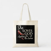 Tote Bag Chaussure talon, rouge à lèvres et Elle aime dieu (Dos)