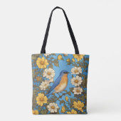 Tote Bag Cheerful Eastern Bluebird Yellow and White Flowers (Dos)