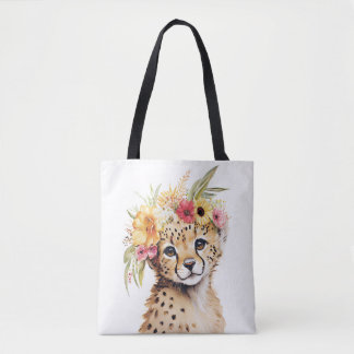 Tote Bag Cheetah Flower Crown Art Aquarelle Safari Wild