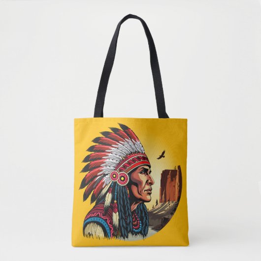Tote Bag Chef amérindien sur paysage sauvage coucher de sol (Devant)